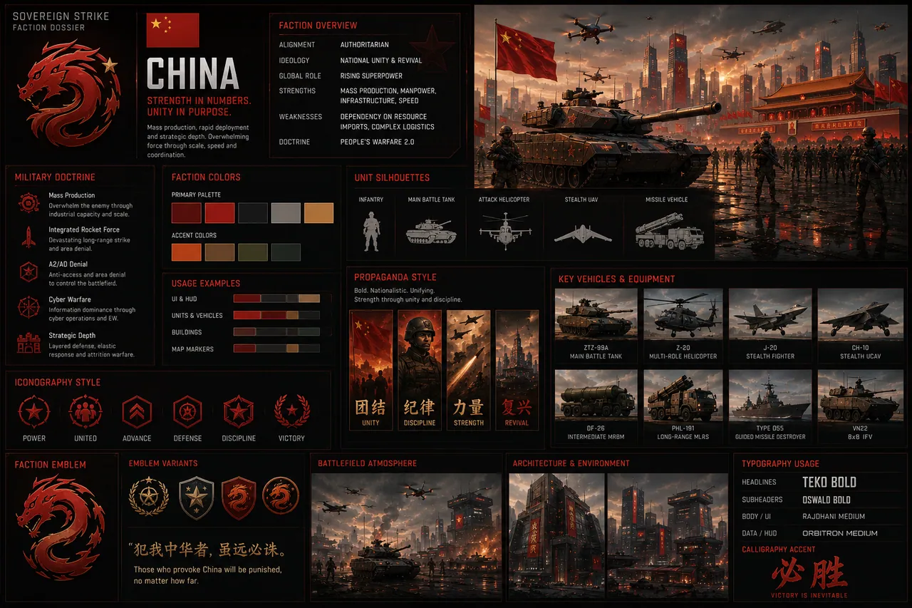 China faction dossier — overview, doctrine, vehicles, propaganda, iconography, atmosphere